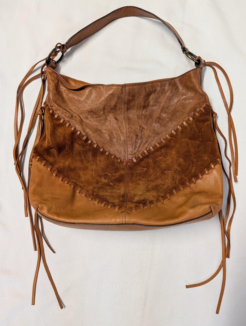 Johnny Was Brown and Tan Leather Suede Fringe Shoulder Bag